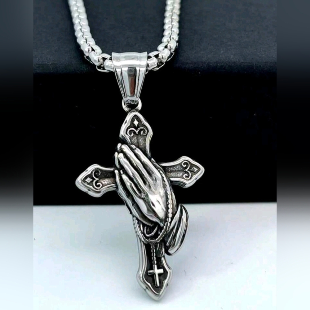 Silver Cross Pendant with Praying Hands
